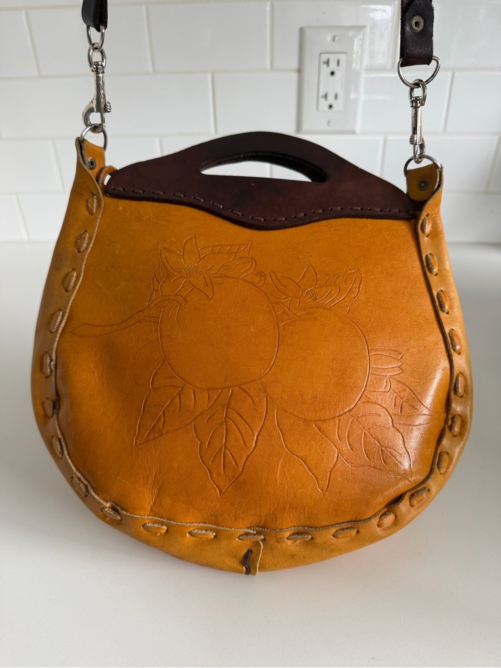 Women's Yellow Leather Handbag with Carved Fruit Design